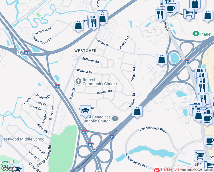 map of restaurants, bars, coffee shops, grocery stores, and more near 4710 Barger Street in Chesapeake