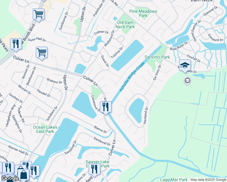 map of restaurants, bars, coffee shops, grocery stores, and more near 1912 Bernstein Drive in Virginia Beach