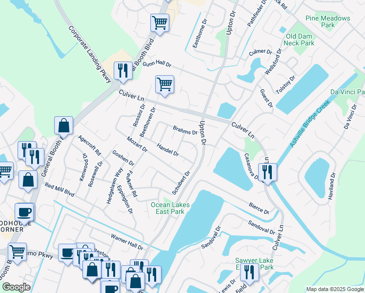 map of restaurants, bars, coffee shops, grocery stores, and more near 1916 Ravel Drive in Virginia Beach