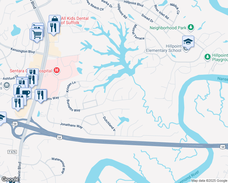 map of restaurants, bars, coffee shops, grocery stores, and more near 213 Widgeon Court in Suffolk