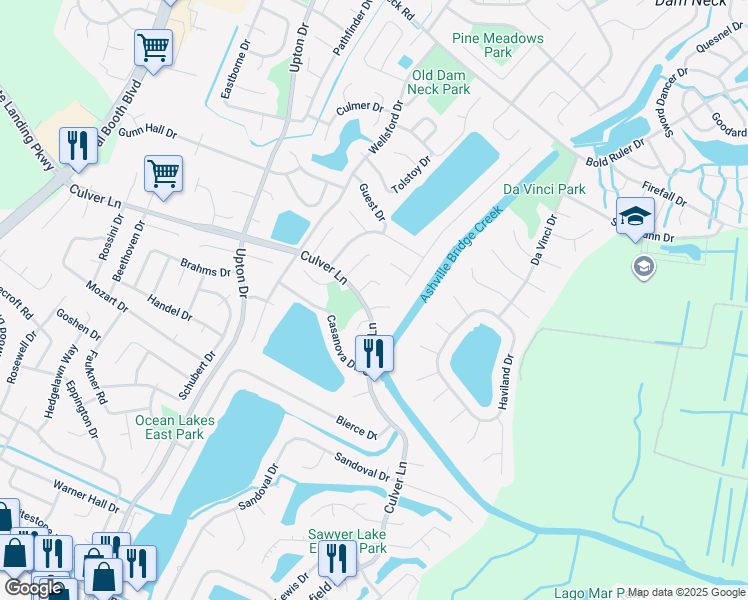 map of restaurants, bars, coffee shops, grocery stores, and more near 1897 Scarlotti Court in Virginia Beach
