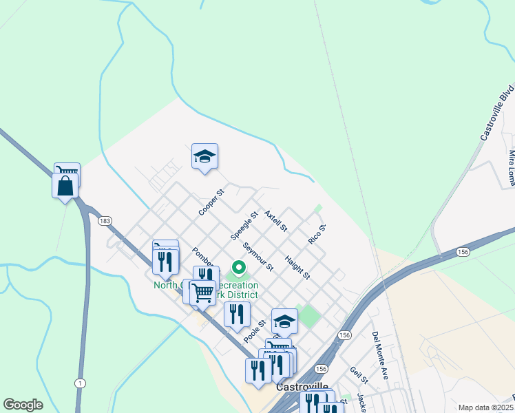 map of restaurants, bars, coffee shops, grocery stores, and more near 11585 Speegle Street in Castroville