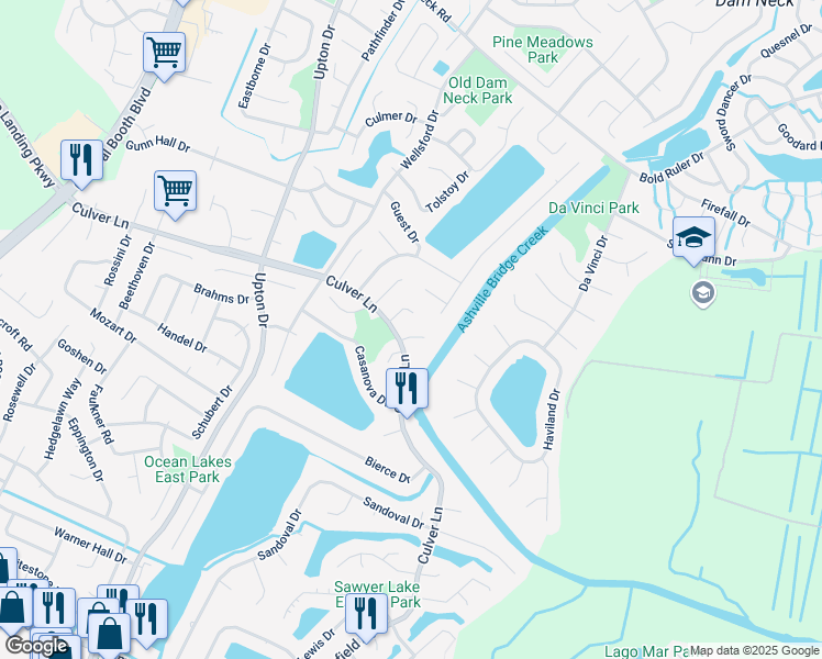 map of restaurants, bars, coffee shops, grocery stores, and more near 1897 Scarlotti Court in Virginia Beach