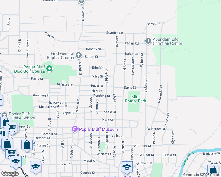 map of restaurants, bars, coffee shops, grocery stores, and more near 1418 Alice Street in Poplar Bluff