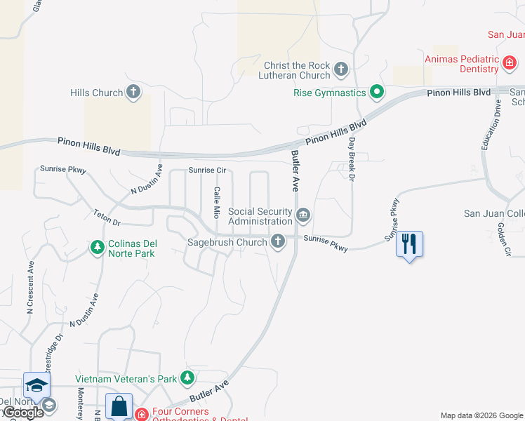 map of restaurants, bars, coffee shops, grocery stores, and more near 4727 Sundown Road in Farmington