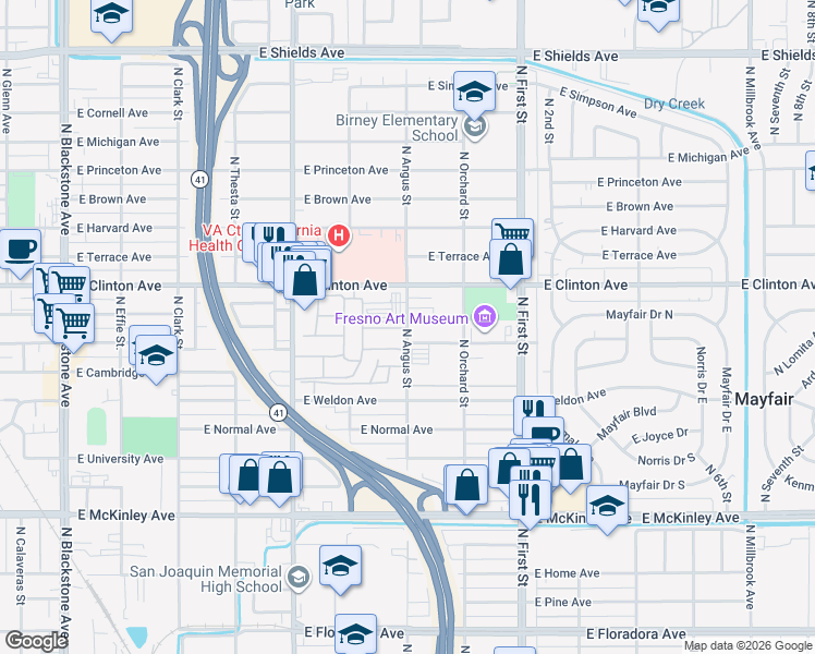 map of restaurants, bars, coffee shops, grocery stores, and more near 2247 North Angus Street in Fresno