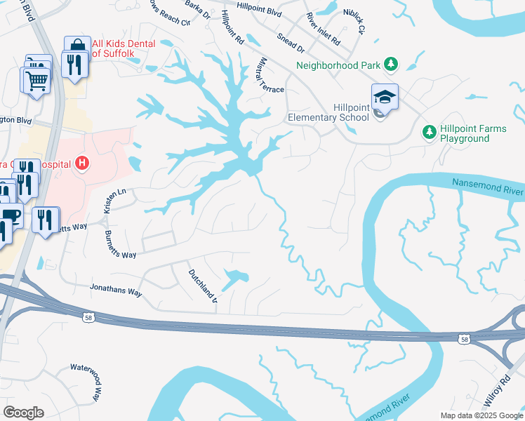 map of restaurants, bars, coffee shops, grocery stores, and more near 143 Mallard Drive in Suffolk