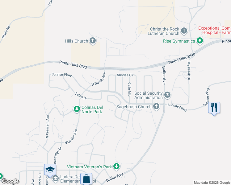 map of restaurants, bars, coffee shops, grocery stores, and more near 879 Sunrise Parkway in Farmington