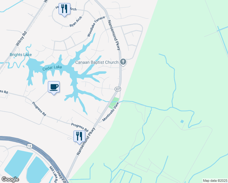 map of restaurants, bars, coffee shops, grocery stores, and more near 1945 Nansemond Parkway in Suffolk
