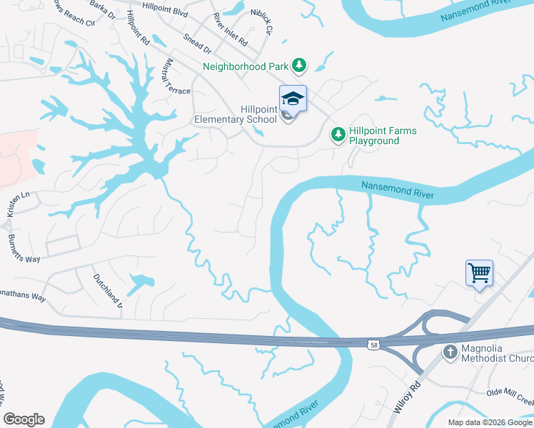 map of restaurants, bars, coffee shops, grocery stores, and more near 2667 River watch Drive in Suffolk