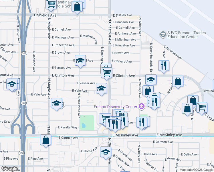 map of restaurants, bars, coffee shops, grocery stores, and more near 4807 East Yale Avenue in Fresno