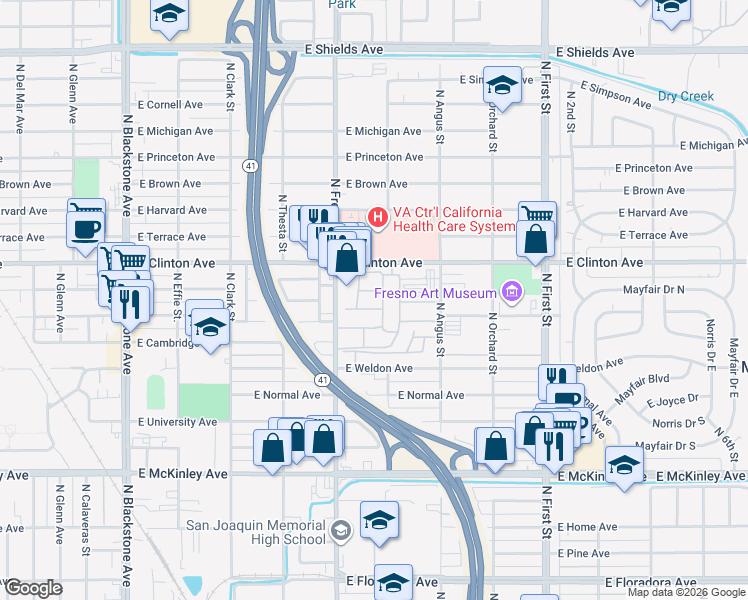 map of restaurants, bars, coffee shops, grocery stores, and more near 2158 North Fresno Street in Fresno