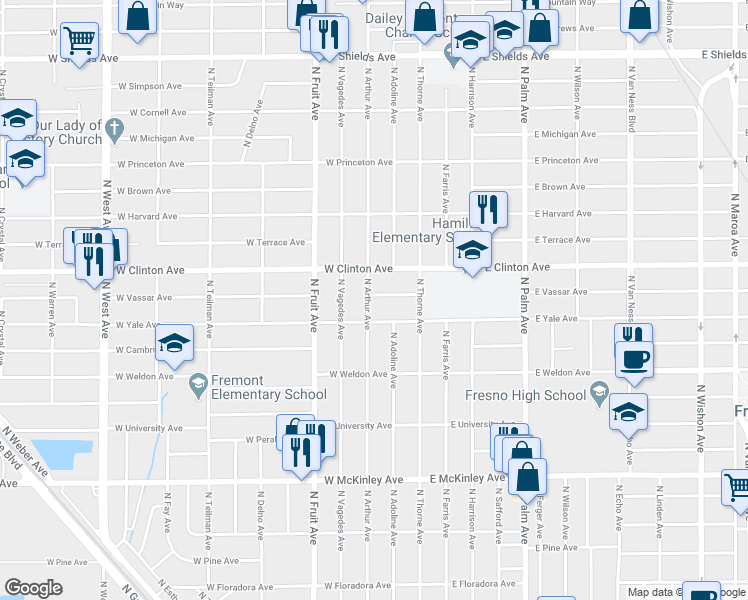 map of restaurants, bars, coffee shops, grocery stores, and more near 2237 North Arthur Avenue in Fresno