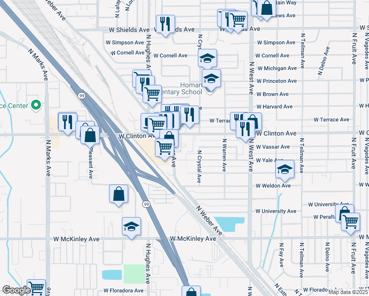 map of restaurants, bars, coffee shops, grocery stores, and more near 1741 West Clinton Avenue in Fresno