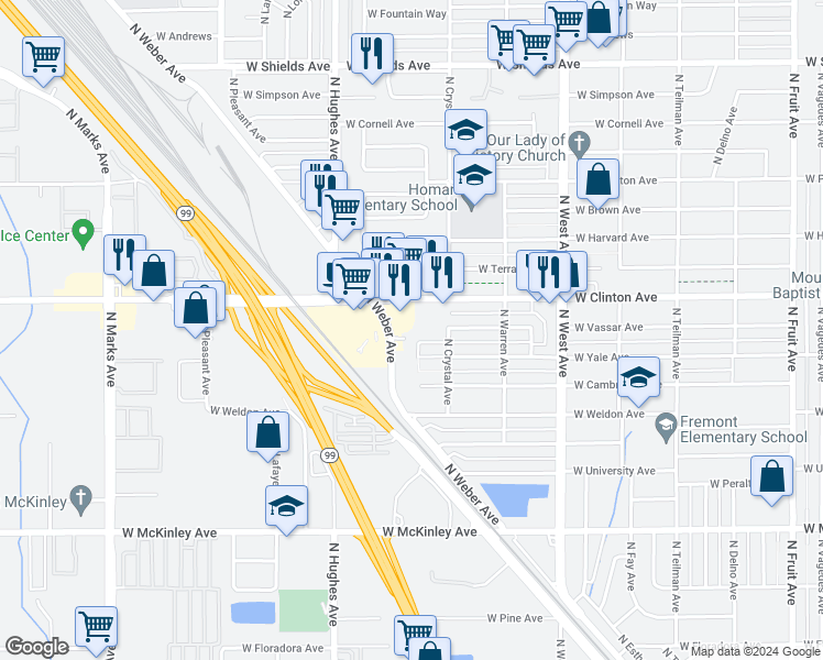 map of restaurants, bars, coffee shops, grocery stores, and more near 1741 West Clinton Avenue in Fresno