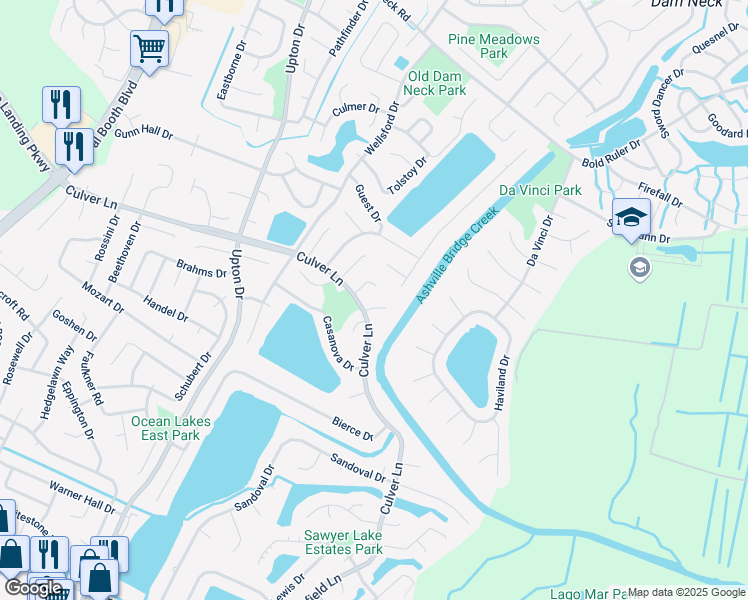 map of restaurants, bars, coffee shops, grocery stores, and more near 1897 Scarlotti Court in Virginia Beach