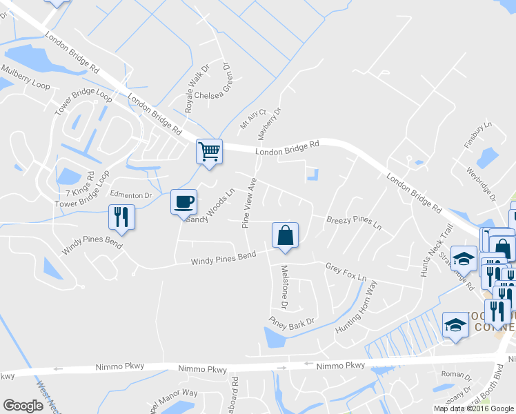 map of restaurants, bars, coffee shops, grocery stores, and more near 1921 Windy Pines Court in Virginia Beach