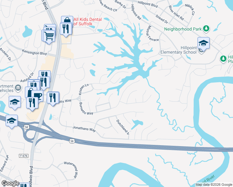 map of restaurants, bars, coffee shops, grocery stores, and more near 116 Timberneck Arch in Suffolk