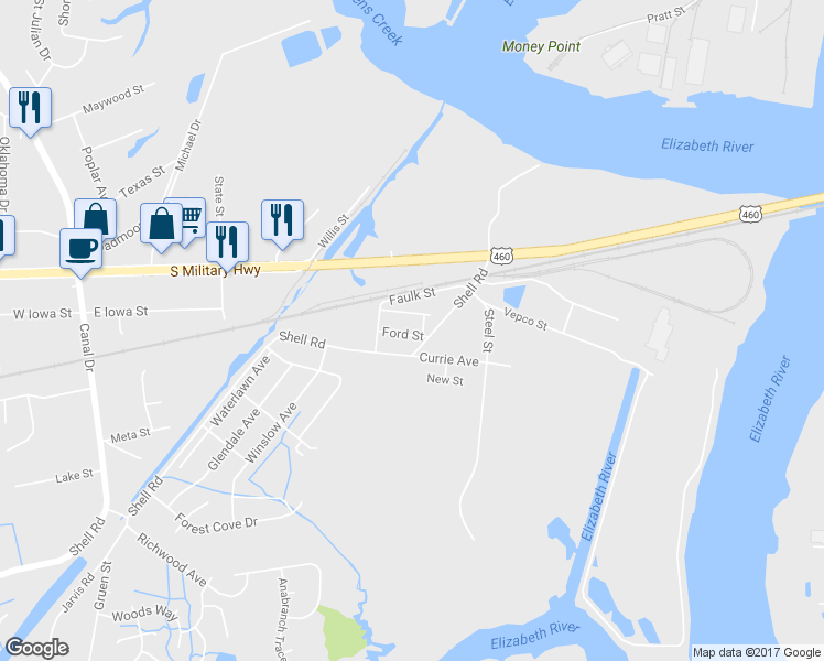 map of restaurants, bars, coffee shops, grocery stores, and more near 107 Ford Street in Chesapeake