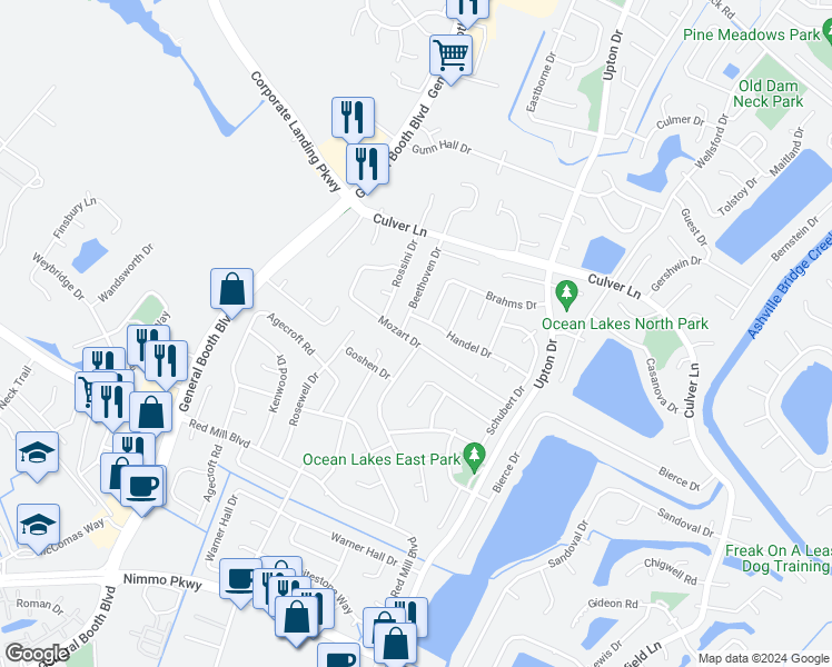 map of restaurants, bars, coffee shops, grocery stores, and more near 1264 Mozart Drive in Virginia Beach