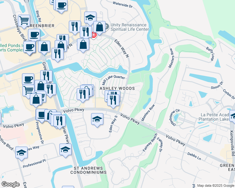 map of restaurants, bars, coffee shops, grocery stores, and more near 1107 Mill Lake Quarter in Chesapeake