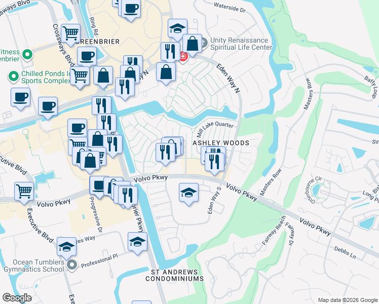 map of restaurants, bars, coffee shops, grocery stores, and more near 1205 Brookside Landing in Chesapeake