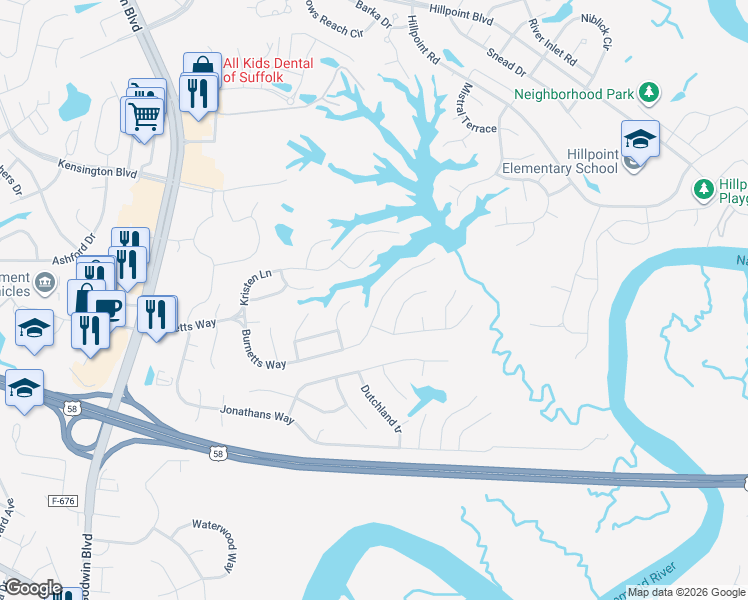 map of restaurants, bars, coffee shops, grocery stores, and more near 116 Timberneck Arch in Suffolk