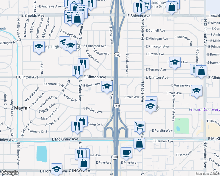 map of restaurants, bars, coffee shops, grocery stores, and more near 2223 North Barton Avenue in Fresno