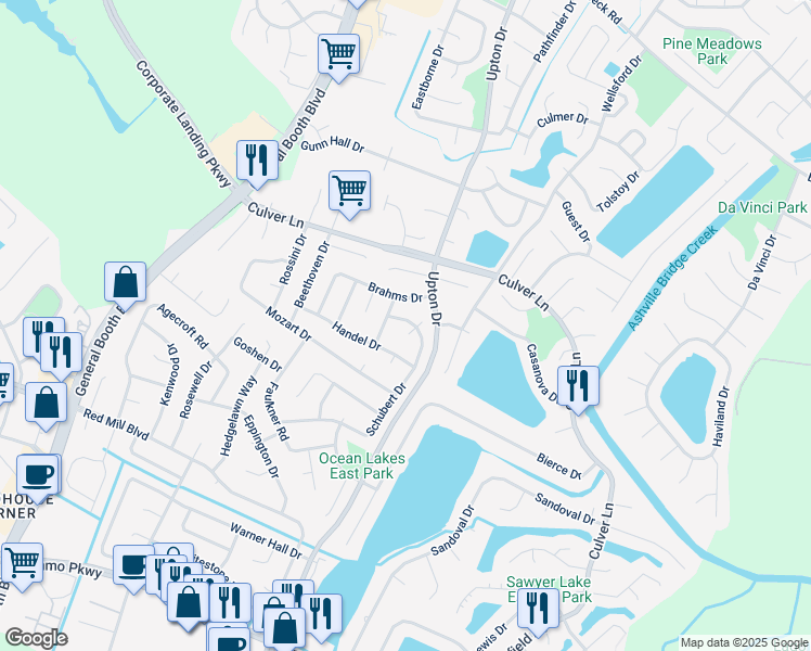 map of restaurants, bars, coffee shops, grocery stores, and more near 2009 Schubert Drive in Virginia Beach