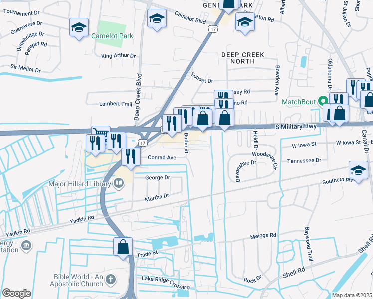 map of restaurants, bars, coffee shops, grocery stores, and more near Butler Street in Chesapeake