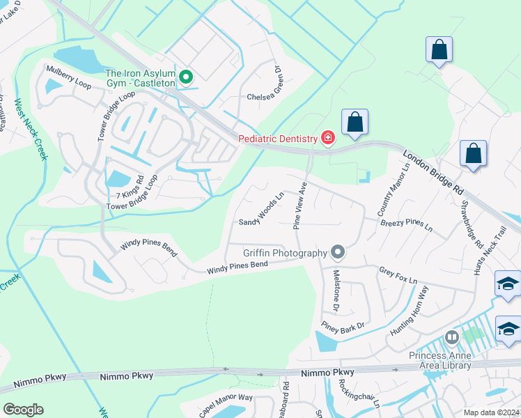 map of restaurants, bars, coffee shops, grocery stores, and more near 2256 Sandy Woods Lane in Virginia Beach