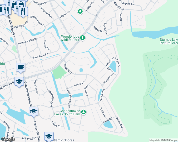 map of restaurants, bars, coffee shops, grocery stores, and more near 1857 Dolina Drive in Virginia Beach