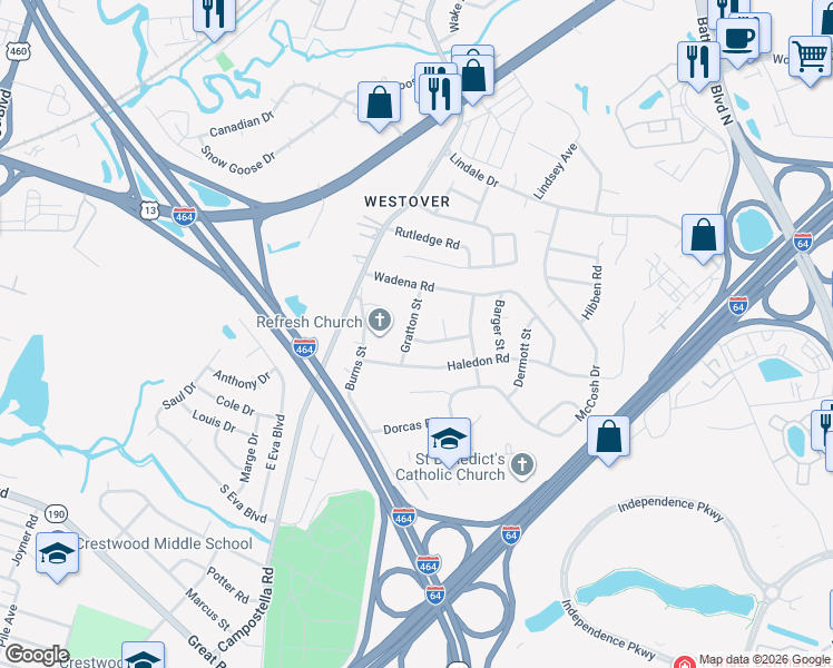 map of restaurants, bars, coffee shops, grocery stores, and more near 4713 Gratton Street in Chesapeake
