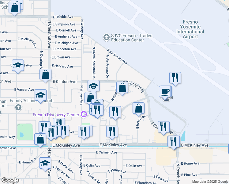 map of restaurants, bars, coffee shops, grocery stores, and more near 2211 North Fine Avenue in Fresno