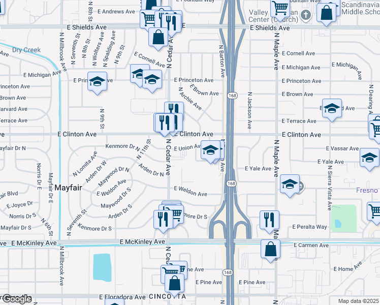 map of restaurants, bars, coffee shops, grocery stores, and more near 2225 North Rowell Avenue in Fresno