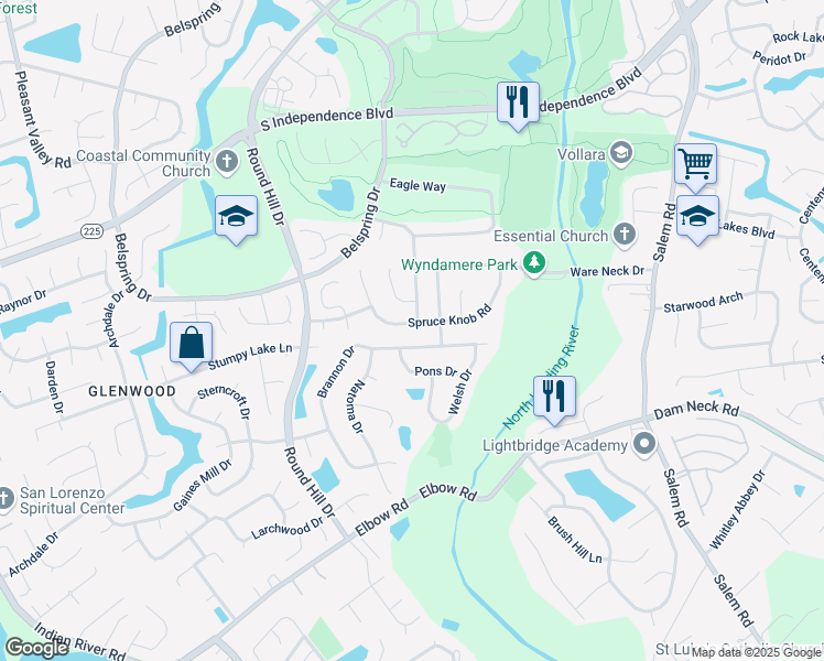 map of restaurants, bars, coffee shops, grocery stores, and more near 4221 Spruce Knob Road in Virginia Beach