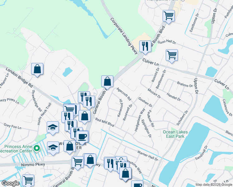 map of restaurants, bars, coffee shops, grocery stores, and more near 2136 Kenwood Drive in Virginia Beach