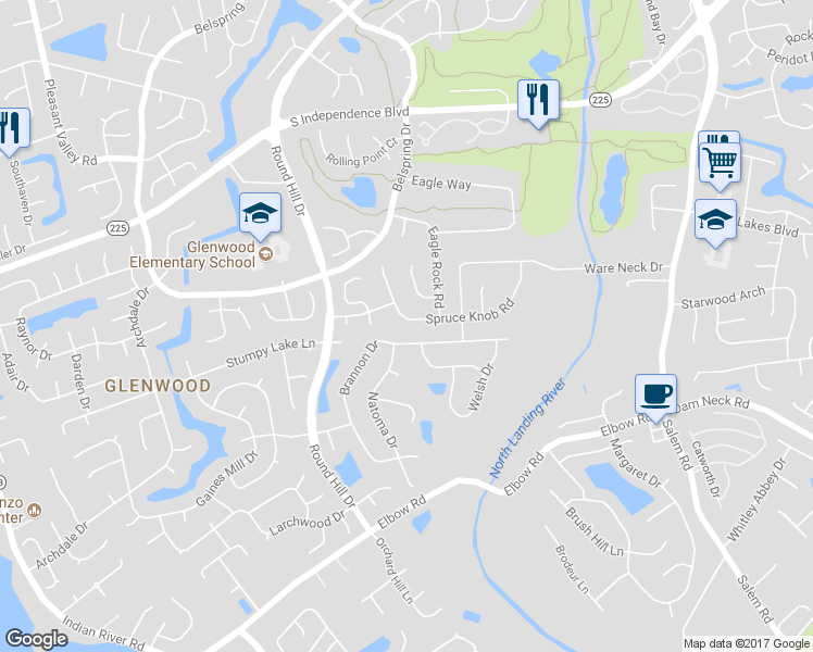 map of restaurants, bars, coffee shops, grocery stores, and more near 4245 Spruce Knob Road in Virginia Beach