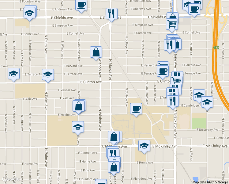 map of restaurants, bars, coffee shops, grocery stores, and more near 922 East Vassar Avenue in Fresno