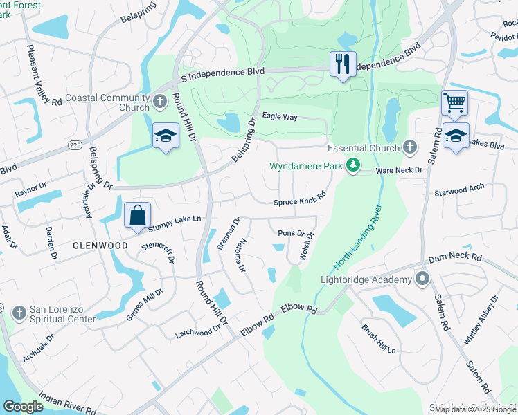 map of restaurants, bars, coffee shops, grocery stores, and more near 4245 Spruce Knob Road in Virginia Beach