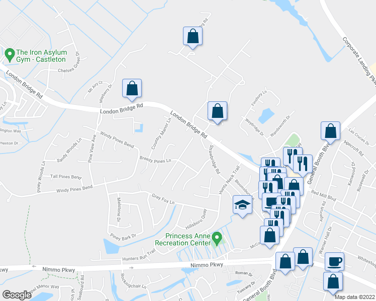 map of restaurants, bars, coffee shops, grocery stores, and more near 2229 Bartholomews Crossing in Virginia Beach