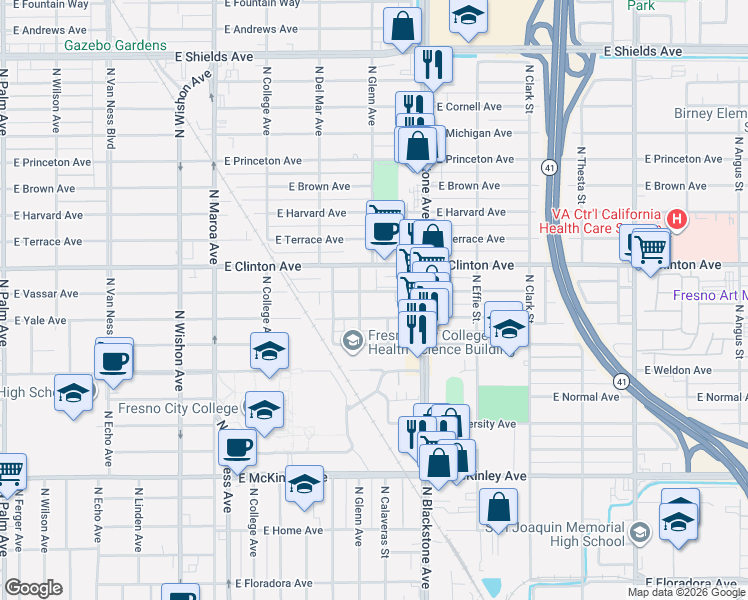 map of restaurants, bars, coffee shops, grocery stores, and more near 1508 East Vassar Avenue in Fresno