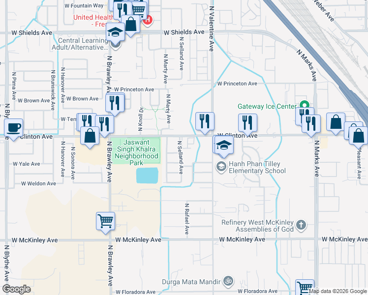 map of restaurants, bars, coffee shops, grocery stores, and more near 3513 West Clinton Avenue in Fresno