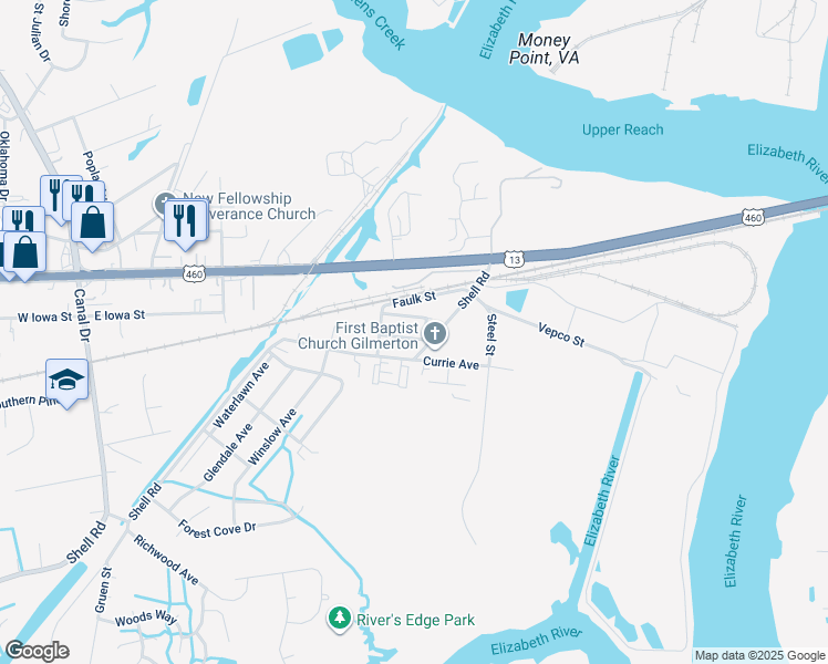 map of restaurants, bars, coffee shops, grocery stores, and more near 107 Ford Street in Chesapeake