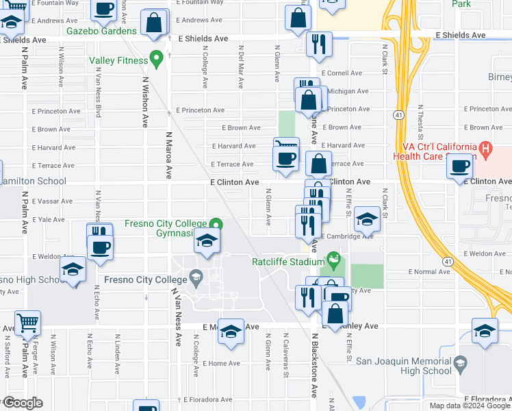 map of restaurants, bars, coffee shops, grocery stores, and more near 2224 North San Pablo Avenue in Fresno