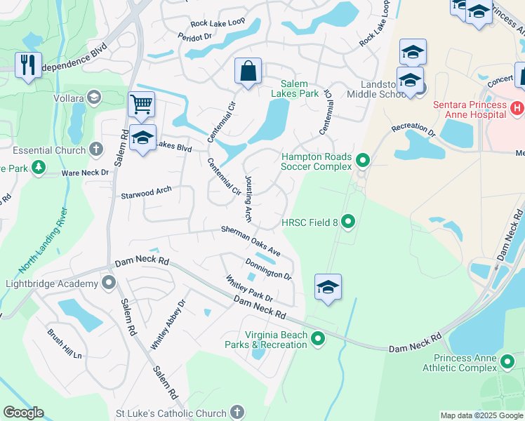map of restaurants, bars, coffee shops, grocery stores, and more near 3916 Jousting Arch in Virginia Beach