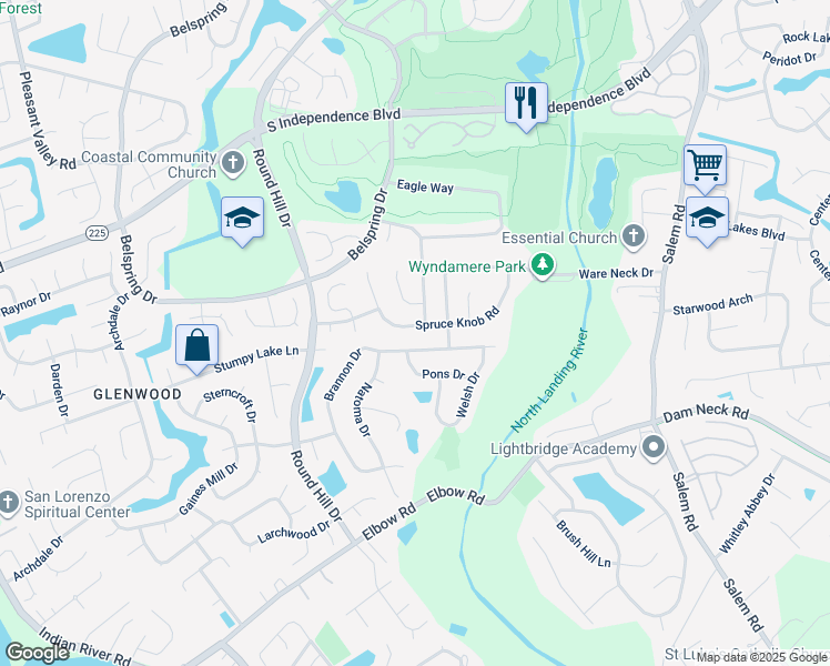 map of restaurants, bars, coffee shops, grocery stores, and more near 4225 Spruce Knob Road in Virginia Beach
