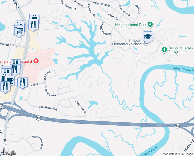 map of restaurants, bars, coffee shops, grocery stores, and more near 220 Widgeon Court in Suffolk