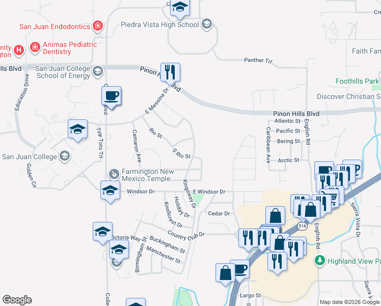 map of restaurants, bars, coffee shops, grocery stores, and more near 4600 Rio Street in Farmington
