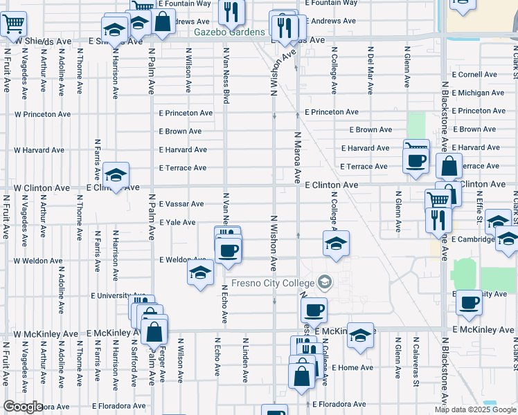 map of restaurants, bars, coffee shops, grocery stores, and more near 716 East Vassar Avenue in Fresno